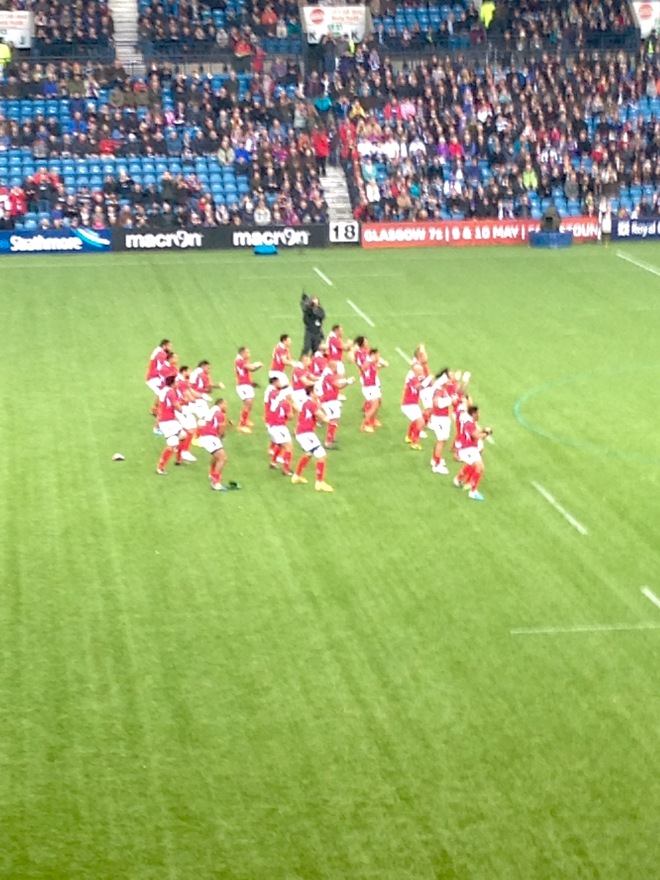 Tonga perform the Sipi Tau. It was the second week that Scotland had faced a Haka.